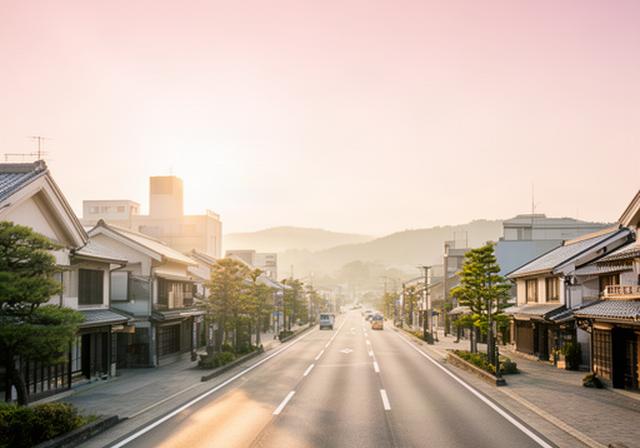 岡山県倉敷市の街並みと国道沿いに差し込む朝の光