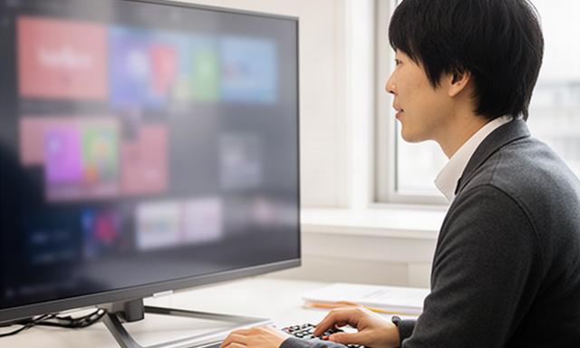 テレビ画面を確認しながら設計を進めるエンジニアの作業風景