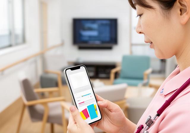 介護施設のスタッフがスマートフォンで入居者ごとのテレビ設定を確認している様子