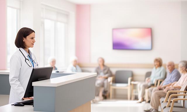 明るい病院の待合室で壁掛けテレビを見守る受付スタッフ