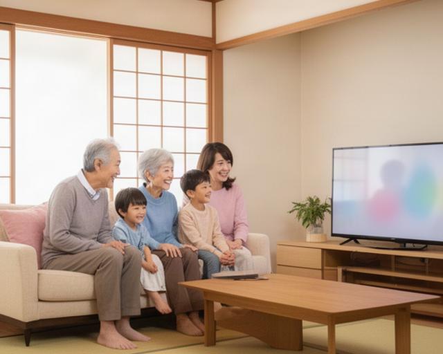 倉敷の明るいリビングで家族三世代がテレビを囲み笑顔で過ごす様子