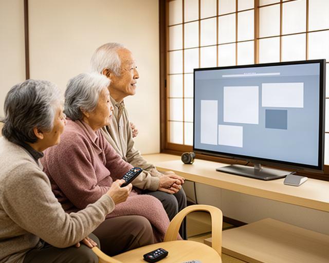 倉敷の家庭で祖父母が大きな文字のテレビ画面を使い時代劇を選んでいる様子