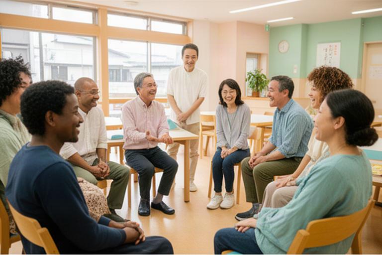 倉敷の地域交流スペースで外国人住民と日本語教室の参加者が会話する様子