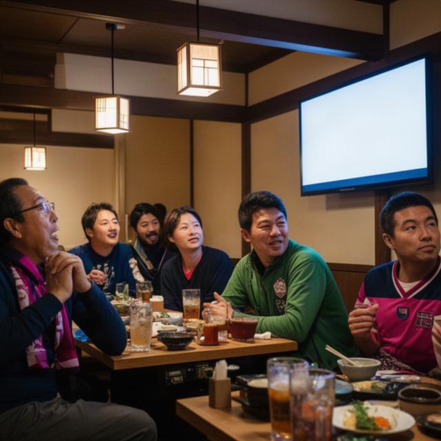 倉敷の飲食店で地域サポーターがサッカー中継を見ている店内風景