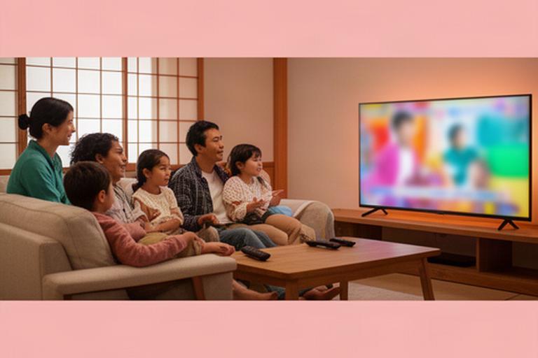 日本のリビングで母国語と日本語のテレビ番組を見比べる多文化家族