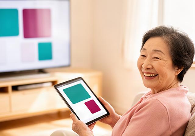 明るいリビングでタブレットの大きな番組一覧を見ながら笑顔でテレビを楽しむ高齢女性