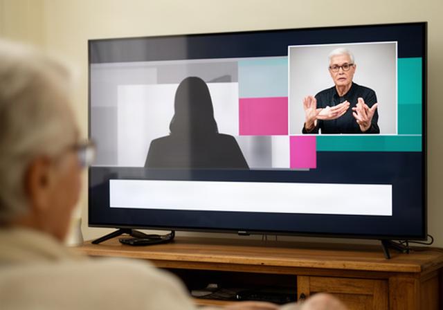 テレビ画面のニュース映像に大きな字幕と手話通訳ワイプが表示されているリビング