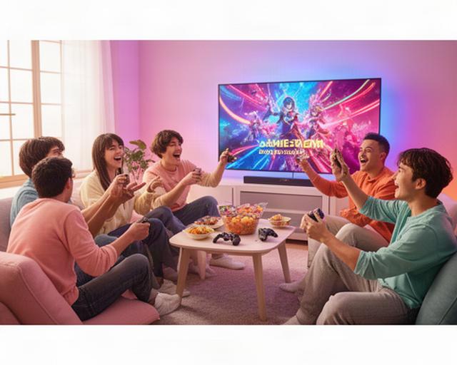 倉敷の若者が明るい部屋でアニメとゲーム番組を楽しむ様子